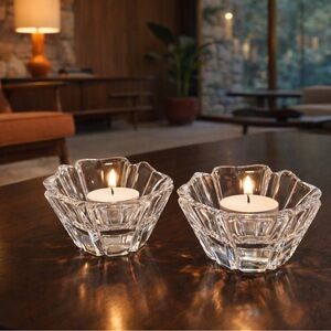 Orrefors Clear Crystal Bowl Candle Holder Signed Lars Hellsten x2